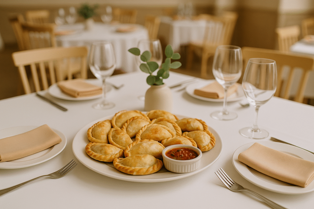 Empanadillas en un salón montado típico de un catering de Argentina